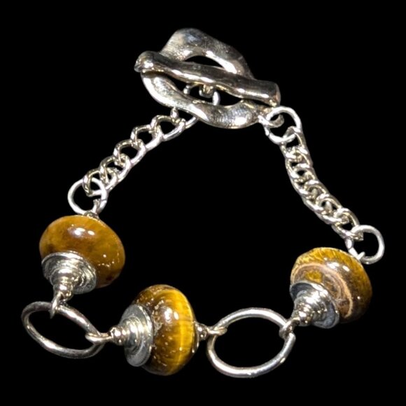 Handcrafted Tiger's Eye Beaded Silver Tone Bracelet Toggle Clasp 7.5 inches - Picture 2 of 7